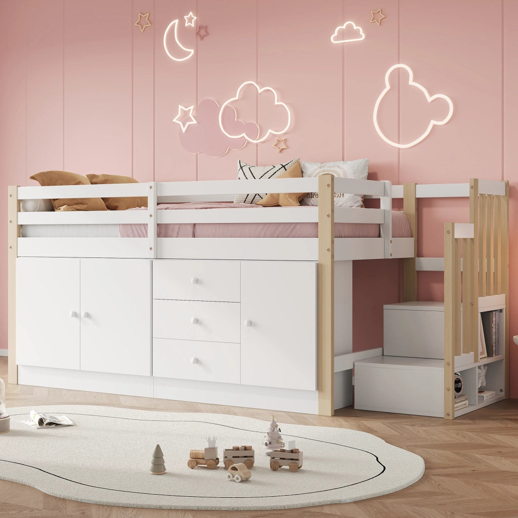 Letto a castello bianco con scala cassetti e armadietti in MDF 90x200 cm