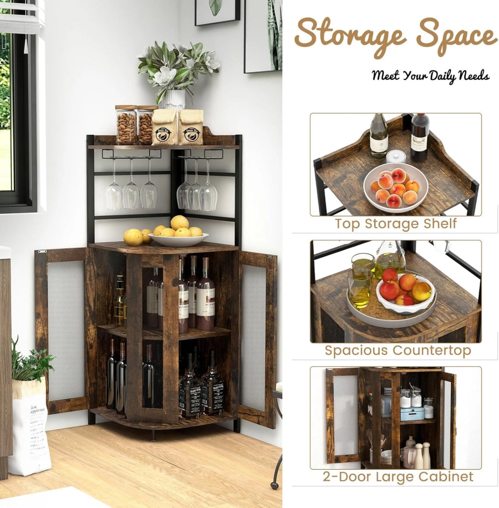 Cantinetta Portabottiglie in Legno, Mobiletto Bar con Porta Bicchieri in Vetro, Porte in Metallo e Ripiano Regolabile, Angolo Bar per Soggiorno, Sala da Pranzo, 48x48x130cm (Marrone)