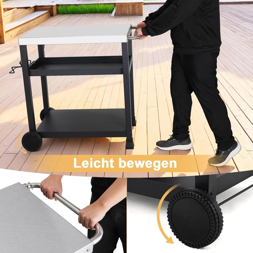 Acciaio Inox Carrello Barbecue 3 Ripiani, Tavolo BBQ con 2 Ruote Ganci,Carrello Cucina Esterna con Maniglia,Carrello di Servizio Cucina Esterni da Multiuso,per Casa Cortile Patio e Giardino