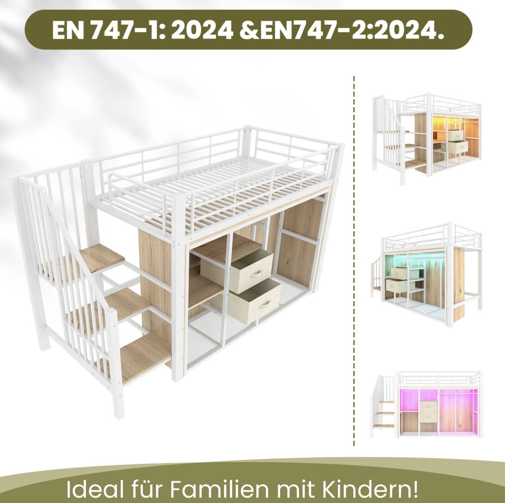 Letto semi-alto 90x200 cm con armadio aperto e LED