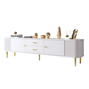 Mobile TV 170x34x45 cm; angoli arrotondati e lati ondulati; 2 cassetti e 2 ante; MDF bianco