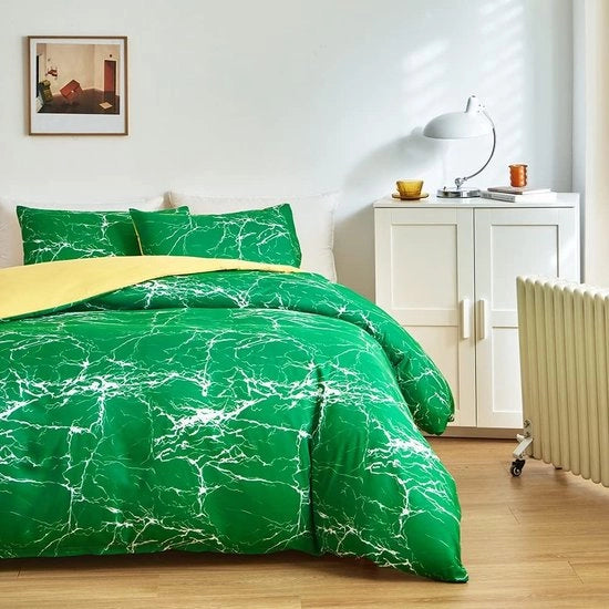 Set di letto 135 x 200 cm a 2 pezzi verde 1 x Coperta da letto 135 x 200 cm e 1 x Copri cuscino 80 x 80 cm microfibra marcialessata bianco marmo flusso per letto singolo con zip Non stirare