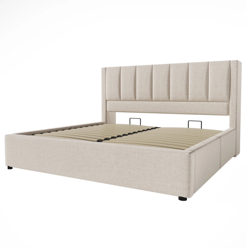Letto matrimoniale imbottito 160x200 cm in lino beige con contenitore; USB e portabicchieri