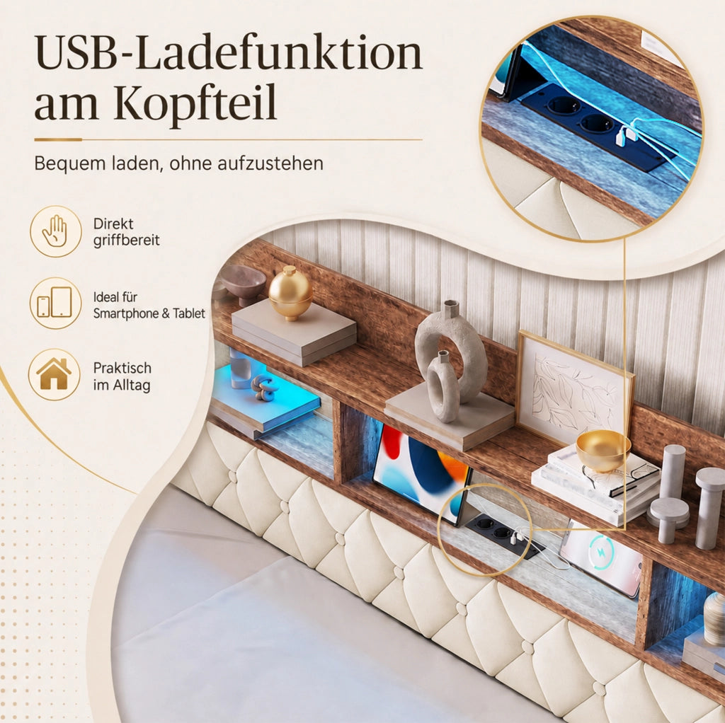 Letto singolo imbottito 90x190 cm con contenitore, LED integrato, porte USB e Type-C, testiera con ripiani e 2 cassetti beige
