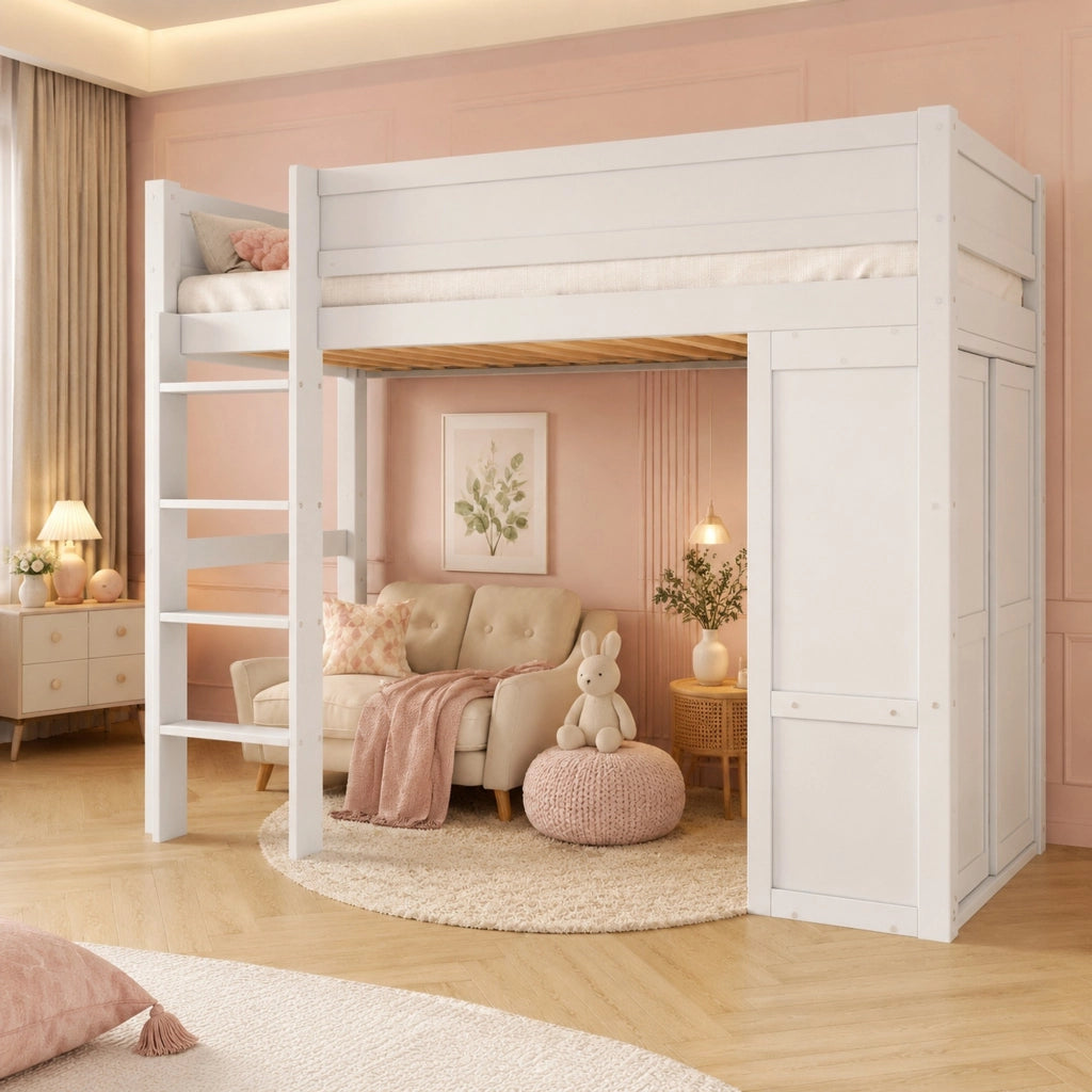 Letto a soppalco 90 × 200 cm con armadio vano contenitore scala e spazio aperto in legno e MDF bianco