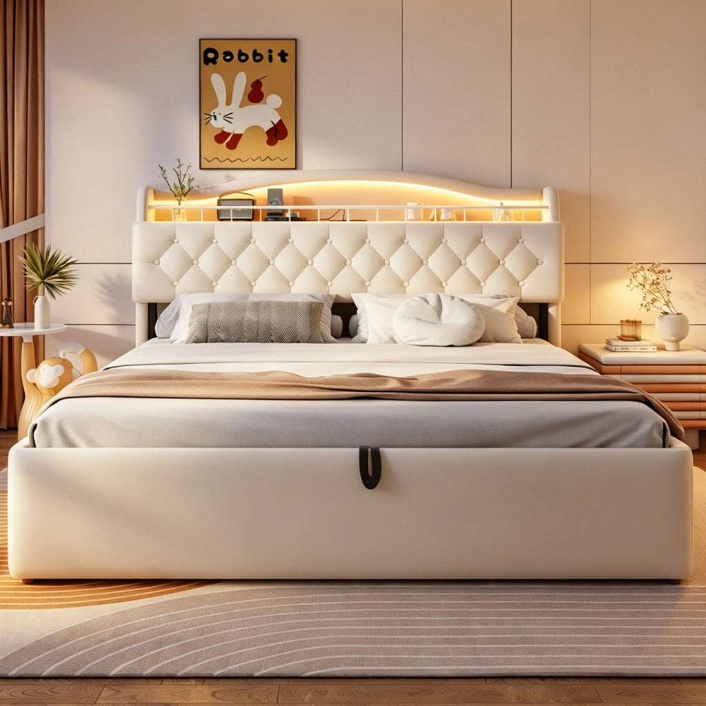 LETTO Contenitore 180x200 cm in tessuto beige con LED, USB e USB-C