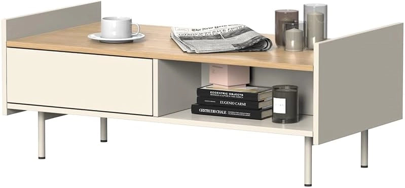 Tavolino Velina, Crema, 100 x 50 cm con 2 cassetti, adatto per riporre riviste e telecomandi