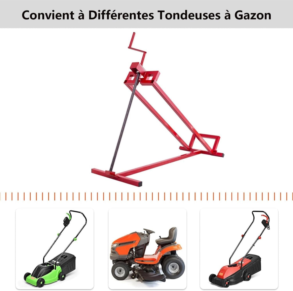 Dispositivo di sollevamento per tosaerba, alzacristallo in metallo, 115 x 50 x 20 cm, carico massimo 400 kg, altezza regolabile 11,5-77 cm, angolo di inclinazione fino a 50°, rosso