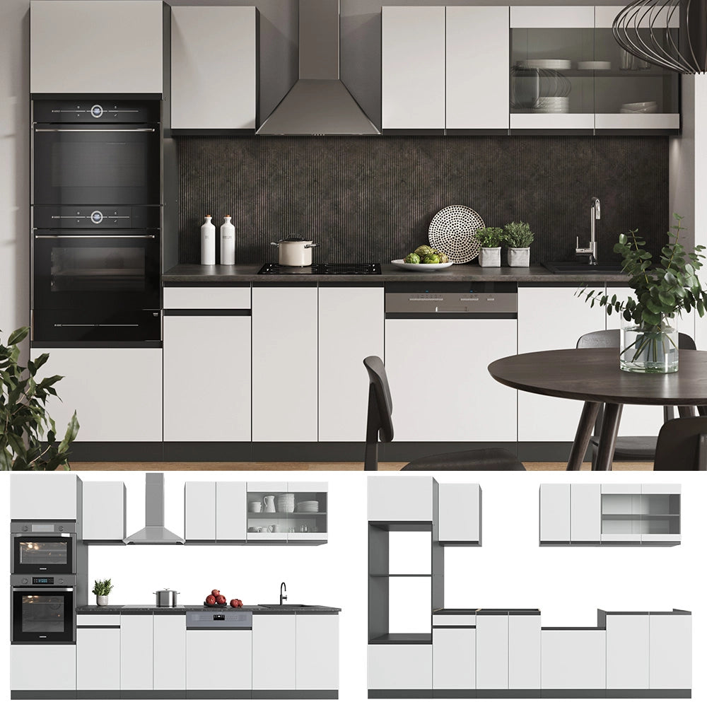 Vicco Cucina componibile Bianco/antracite 300 cm con armadio alto, PL Rovere