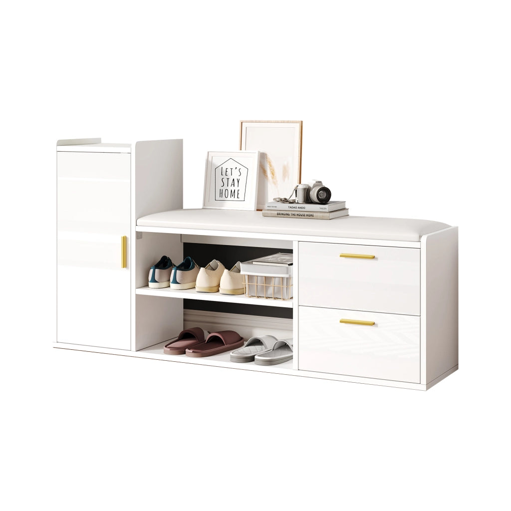 Scarpiera con 2 cassetti e 1 anta, seduta imbottita e ripiani aperti, per ingresso, bianco 128 × 30 × 68 cm