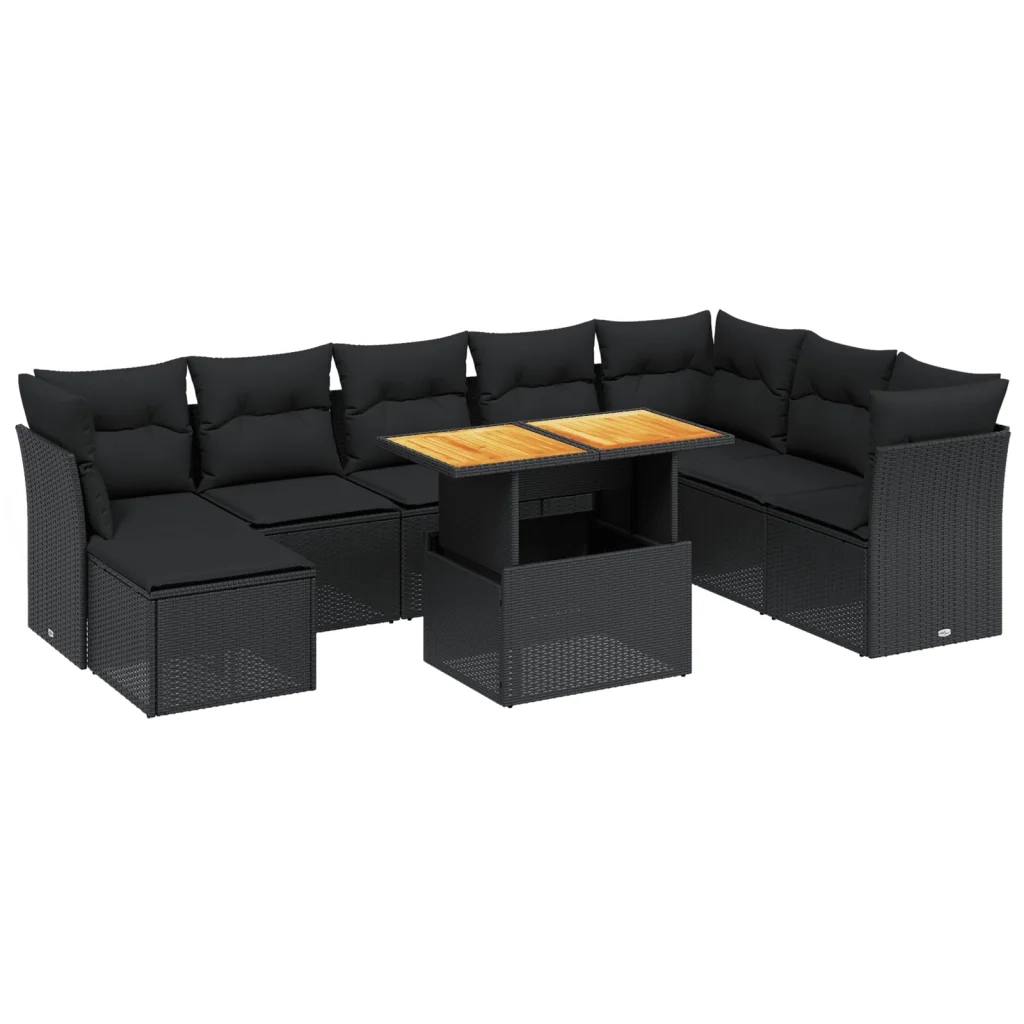 vidaXL Set Divani da Giardino 9 pz con Cuscini Nero in Polyrattan