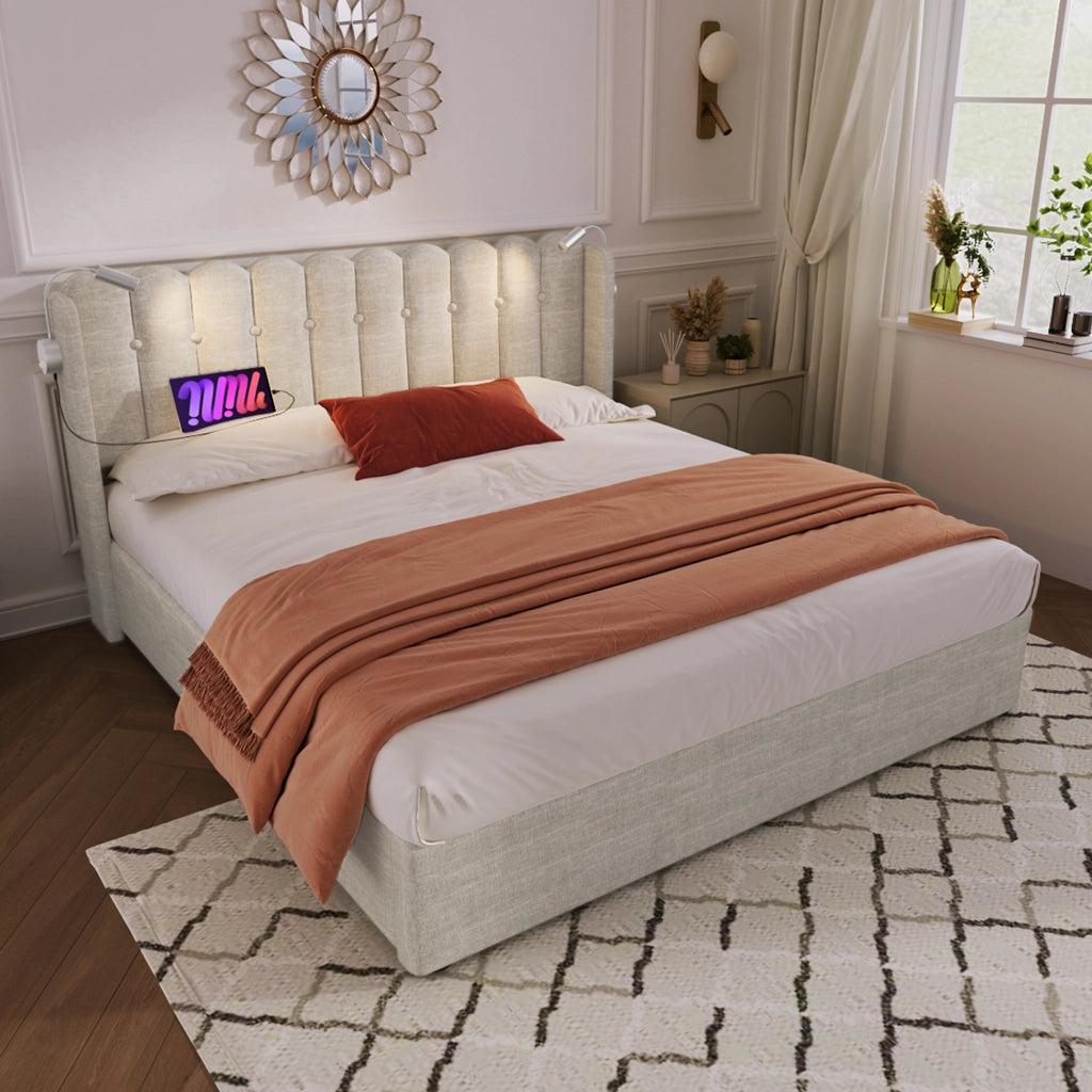 Letto Contenitore 160 x 200 cm; Letto Matrimoniale con USB; Luce da Lettura e Vano; senza Materasso; Naturale