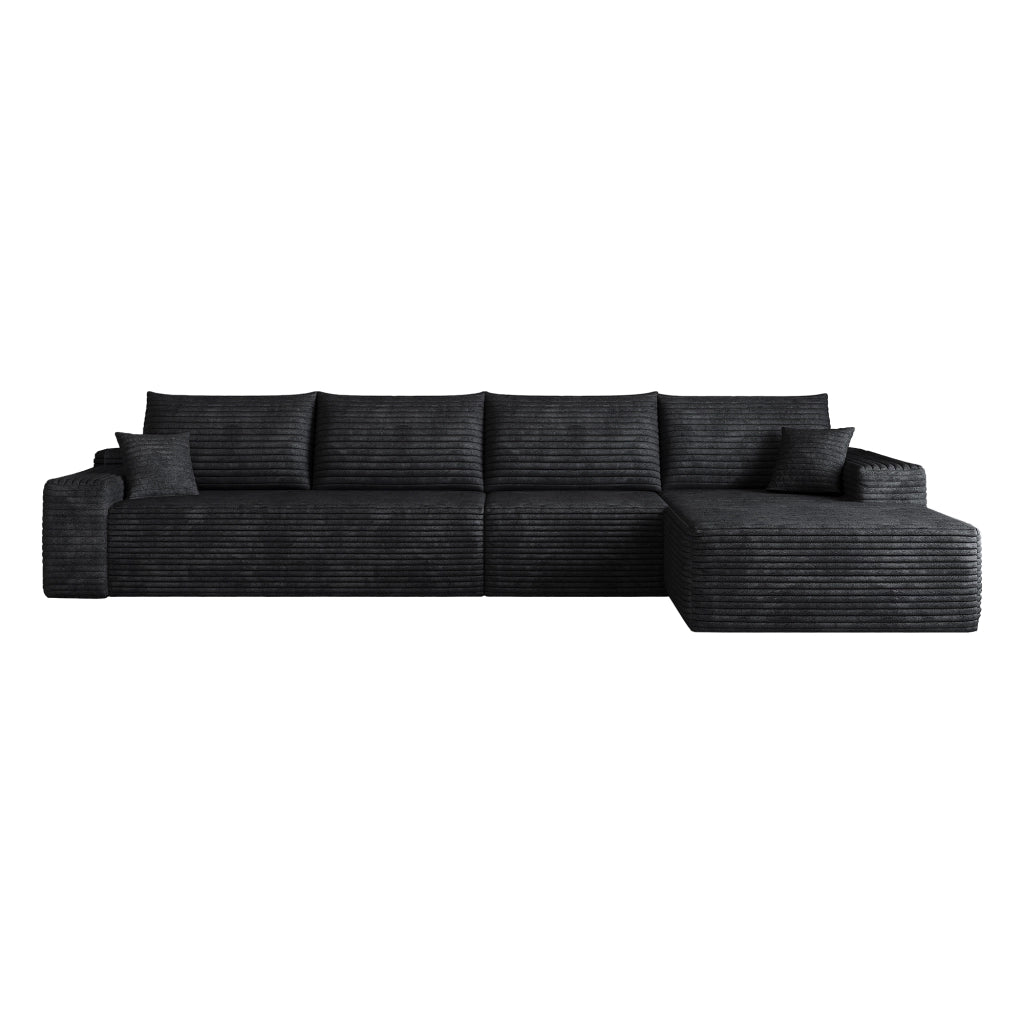 Divano modulare angolare con chaise longue; schienale morbido; in tessuto nero