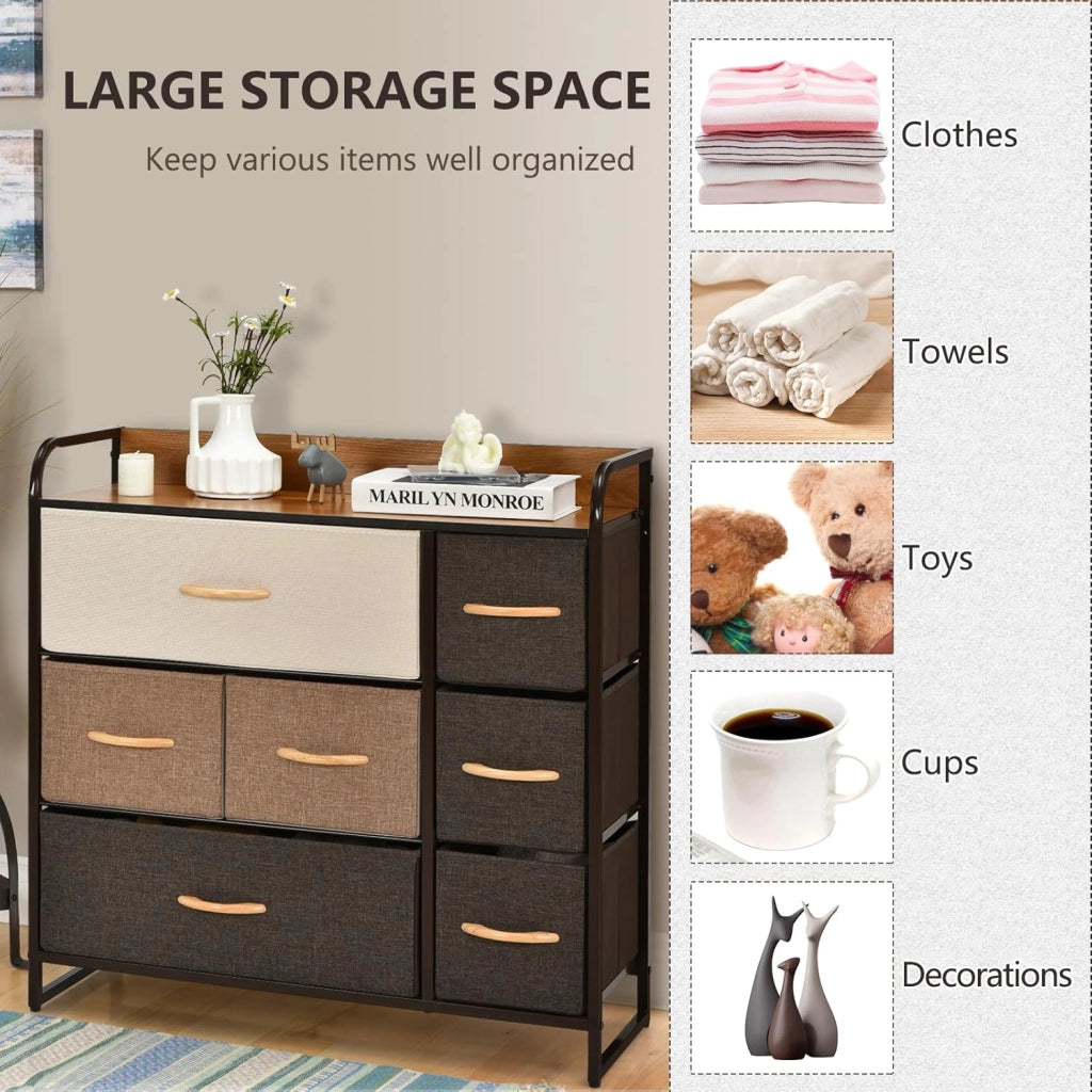 Cassettiera con 7 cassetti in tessuto pieghevole, armadio portaoggetti con gambe regolabili, mobile portaoggetti con cassetti di 3 dimensioni, tonalità marrone generale, 80 x 29 x 79 cm