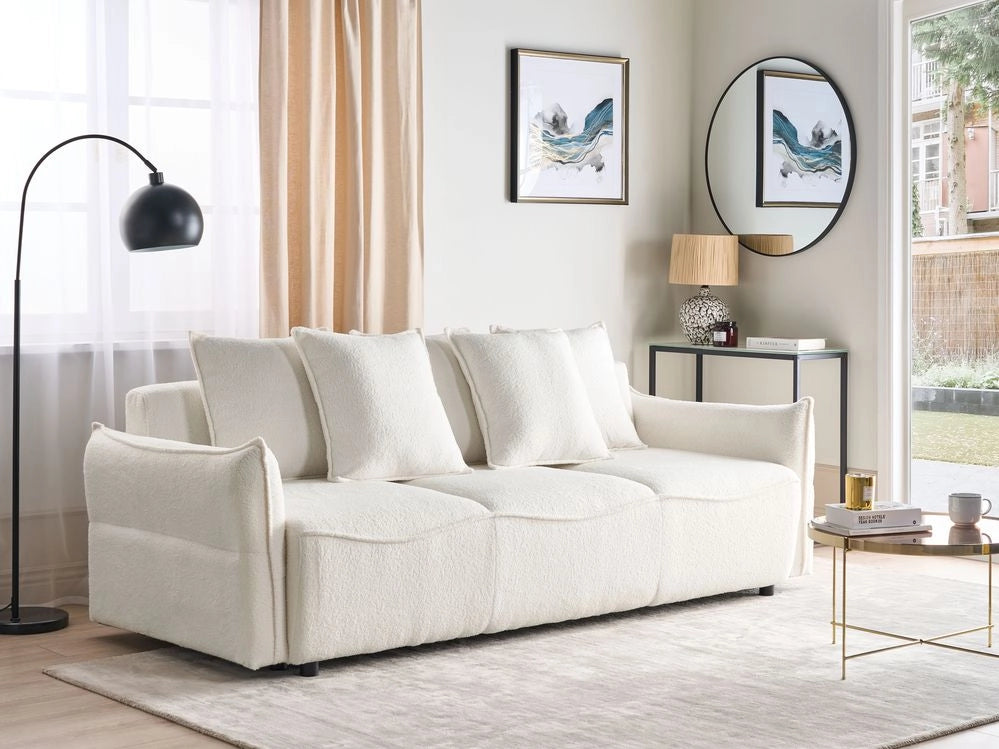 Divano letto in tessuto bouclé bianco convertibile con cuscini aggiuntivi rimovibili, con rivestimento in stile moderno e minimalista.