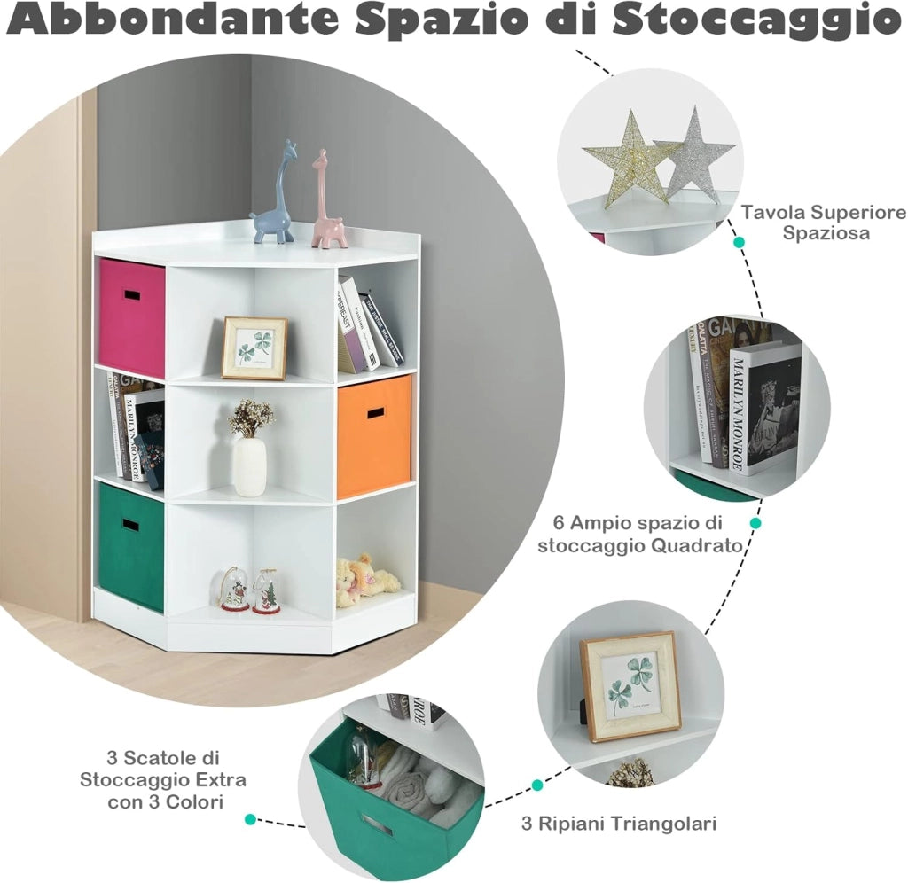 Scaffale Angolare, Scaffale ad Angolo con Tre Cestini Colorati e 9 Ripiani, per Casa, Soggiorno e Camera da Letto, 81x 61 x 94cm (Bianco)