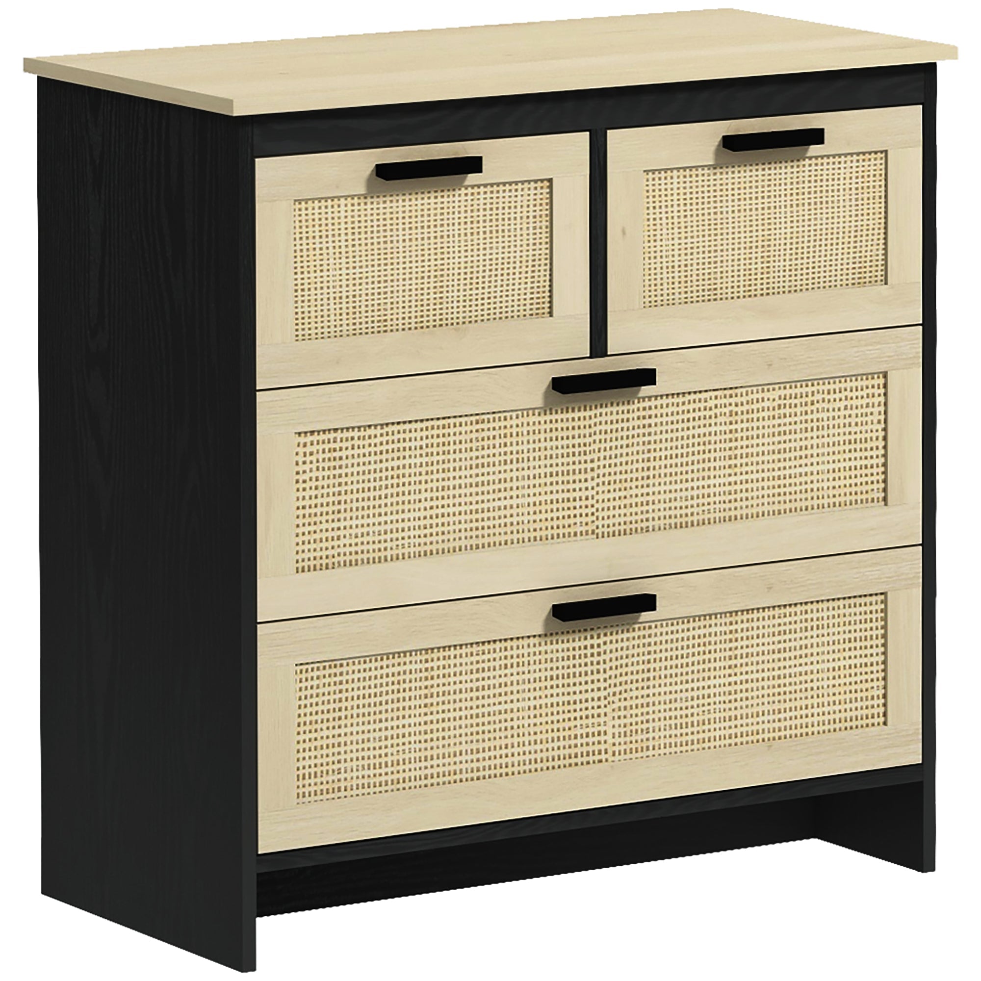 Cassettiera 4 Cassetti 80x38x80 cm in Truciolato e Rattan Nero e Color Legno