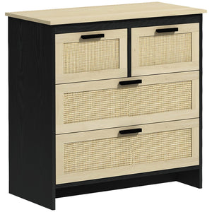 Cassettiera 4 Cassetti 80x38x80 cm in Truciolato e Rattan Nero e Color Legno