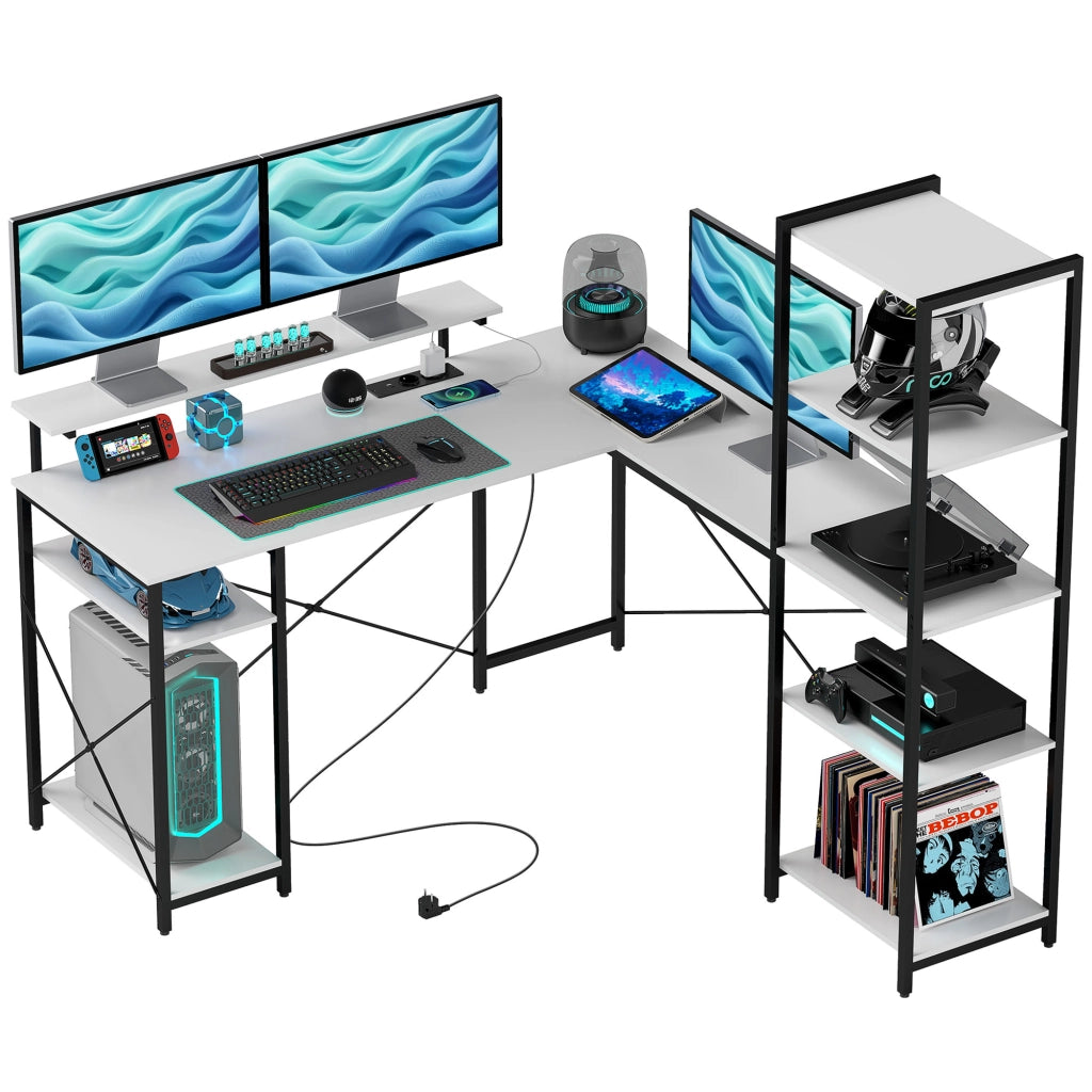 Scrivania Angolare con Presa Elettrica e USB, Scaffale e Supporto per Monitor ¨C Zephmum ¨C Bianco e Nero