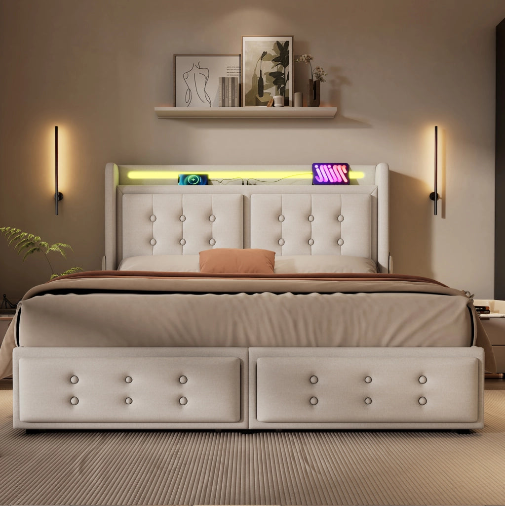 Letto 180x200 cm con LED; ricarica e 4 cassetti in cotone e lino beige