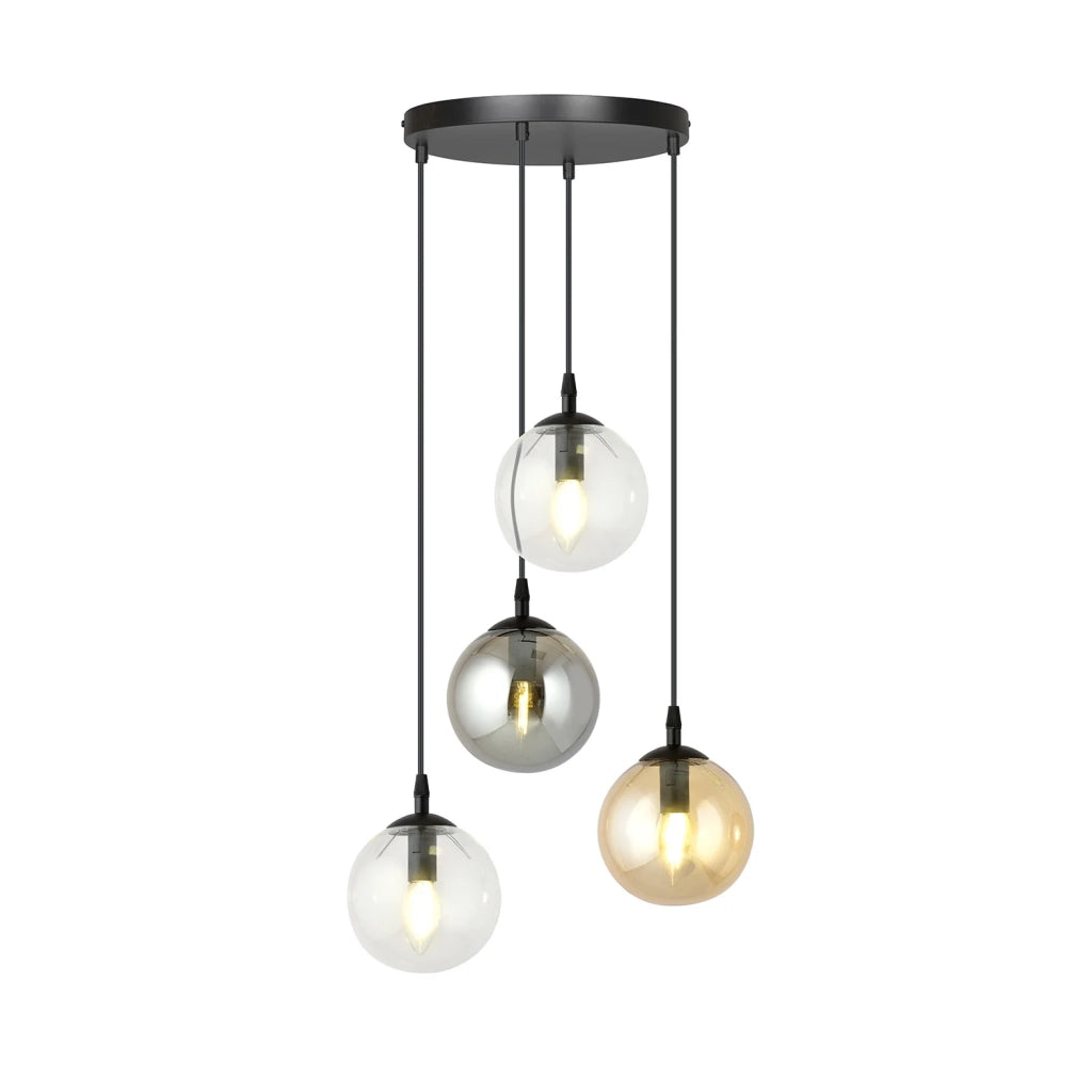Sospensione 4 Luci Kali In Acciaio Nero Base Tonda E Sfere In Vetro Multicolor