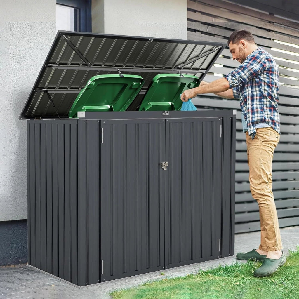 Casetta per Spazzatura Esterna, Capanni da Giardino Bloccabile con Doppie Aperture, 2 Porte e Struttura in Metallo Zincato, Organizzatore di Stoccaggio per Patio e Cortile