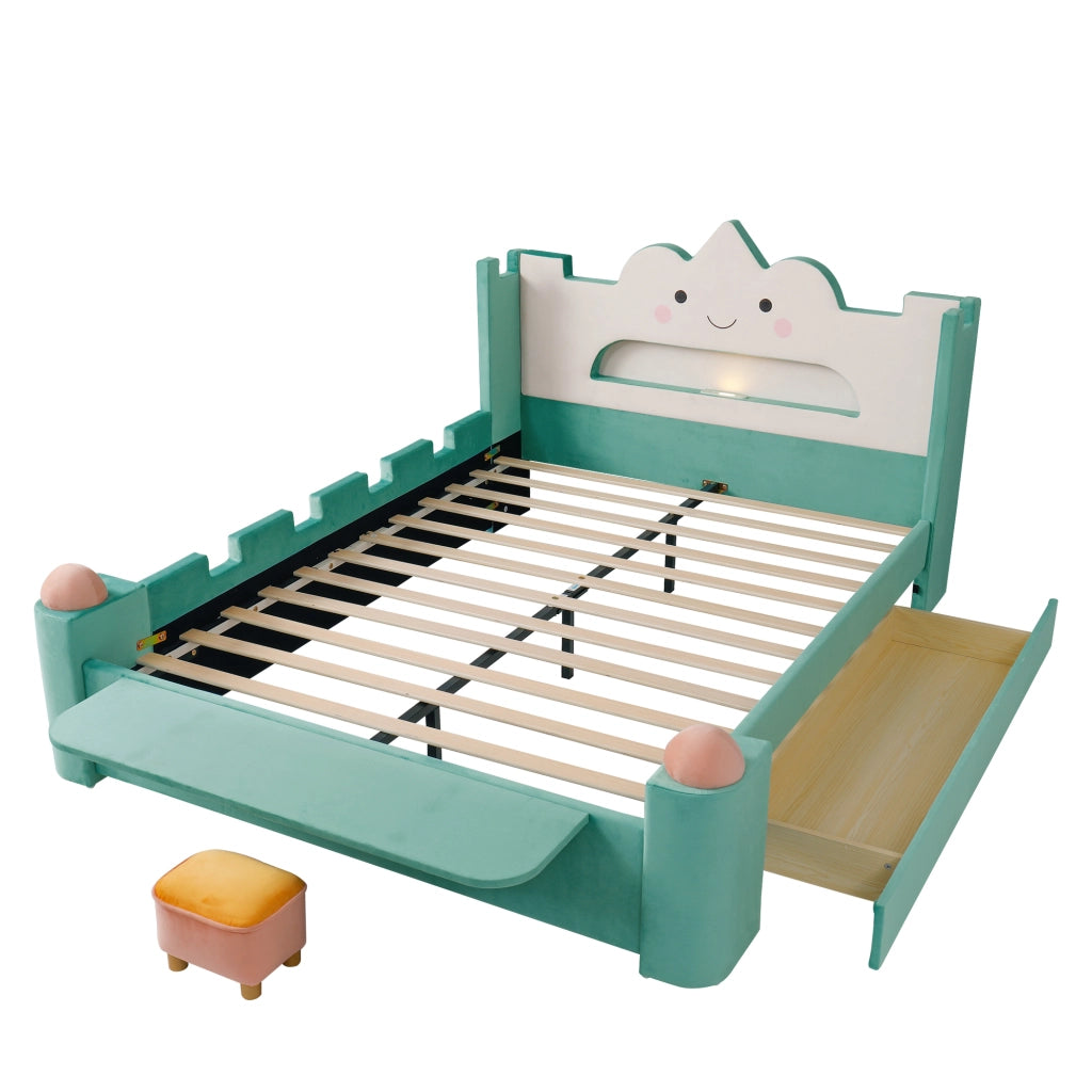 Letto con Sponda 140x200 cm; Letto Singolo - USB; Lampada e Cassetto - Bluverde