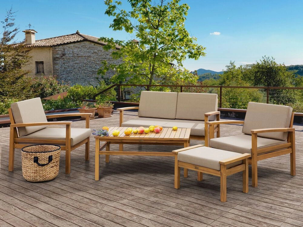 Set da giardino da 5 pezzi in marrone chiaro certificato con cuscini grigio chiaro divano poltrona tavolino