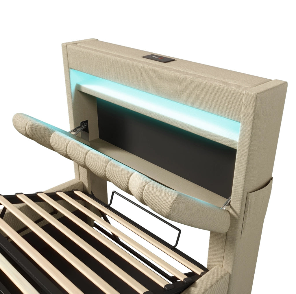 Letto matrimoniale con LED, USB e contenitore idraulico, con materasso incluso