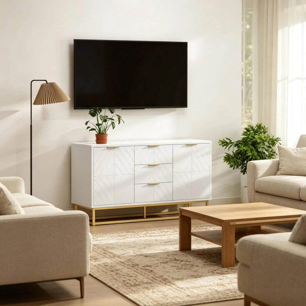 Credenza con 2 ante; 3 cassetti e ripiani regolabili 120x40x76 cm MDF bianco e oro