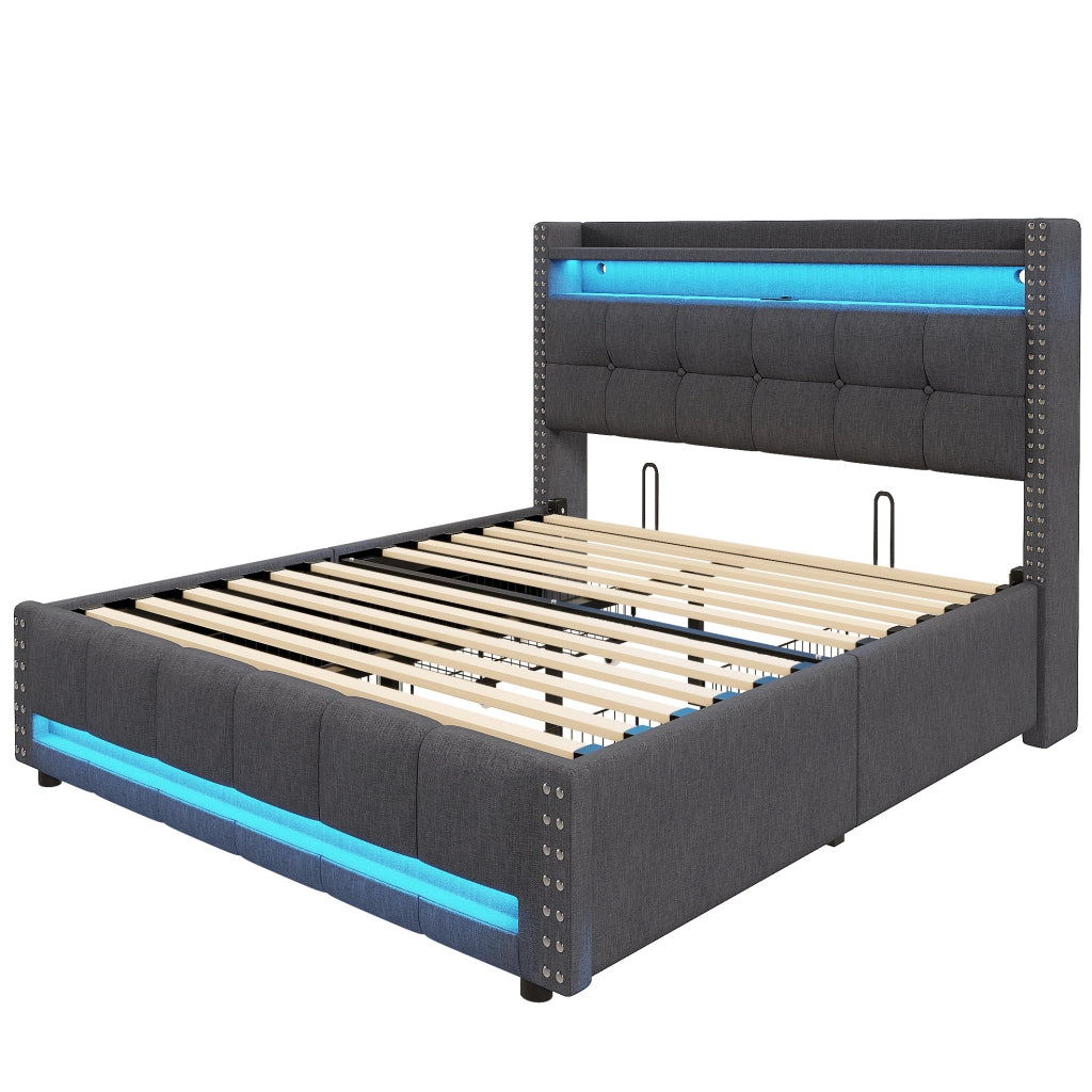 Letto matrimoniale imbottito 160x200 cm con LED, USB, cassetti e rivestimento grigio