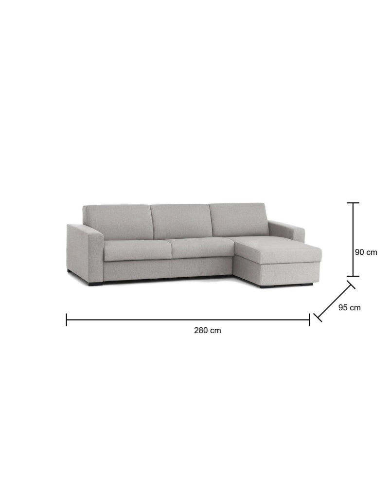 Divano Letto Aika, Divano ad angolo, Made in Italy, SofÒ  con apertura girevole, con Penisola contenitore reversibile, con Braccioli standard, cm 280x95h90, Grigio