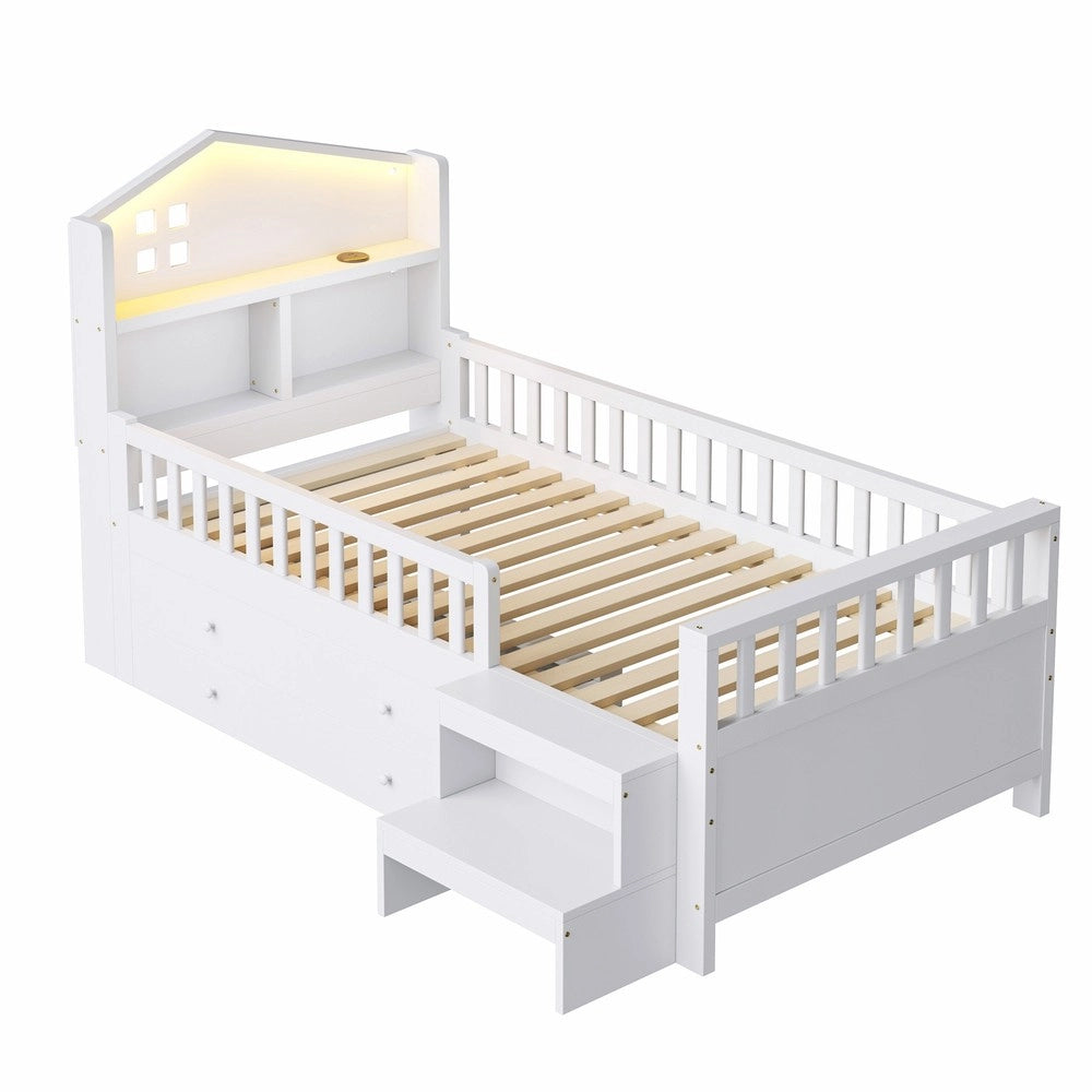 Letto Singolo per Bambini con LED, Cassetti e Rete a Doghe ¨C MINIMAL ¨C Bianco 90x200