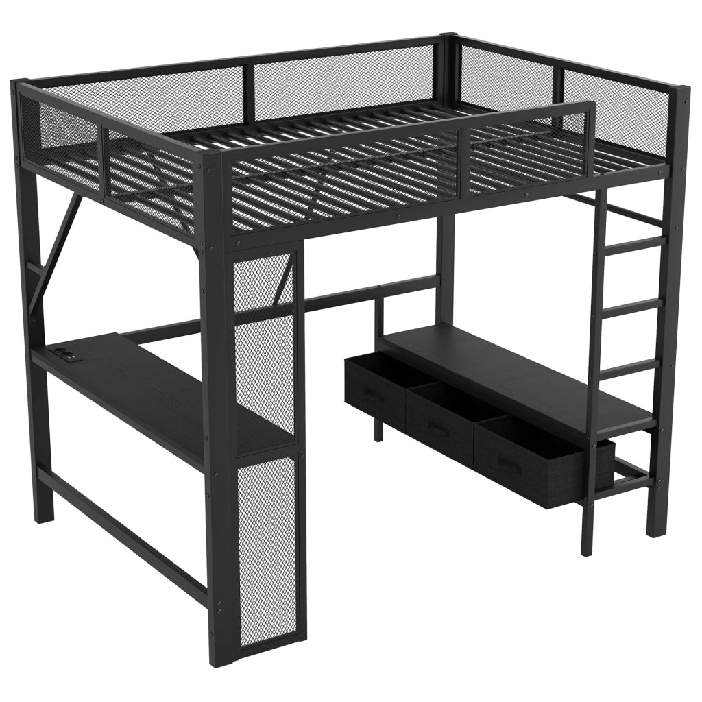 Letto a soppalco ULEVR 140x200 cm con scrivania, 3 cassetti, LED e scala, nero