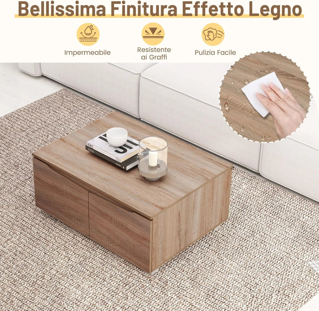 Tavolino da Salotto con Spazio di Stoccaggio Ampio, Apertura a Doppio Lato, Tavolino da Caffè con 4 Ante e Piedini Antiscivolo, Tavolo Basso in Legno per Soggiorno, Studio e Ufficio