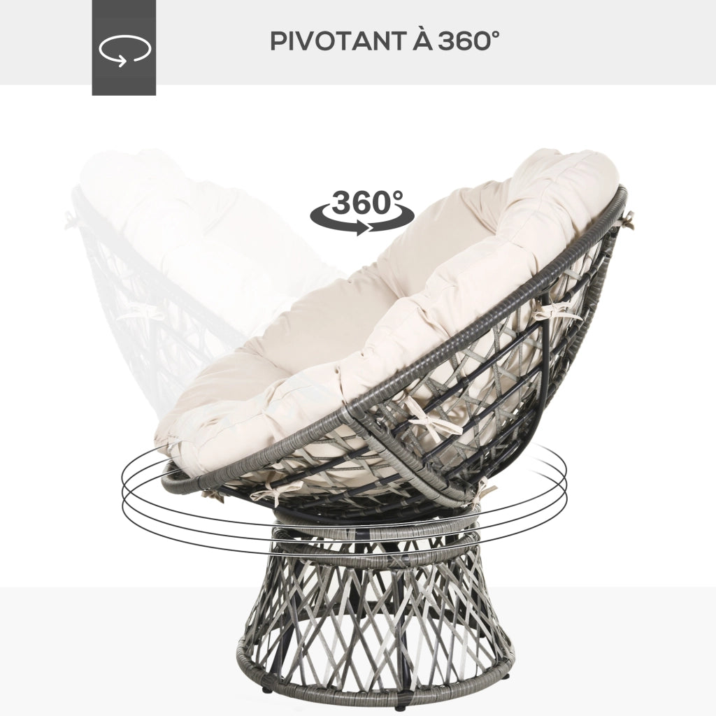 Poltrona Papasan Rotonda Girevole da Giardino ¨C zephmum ¨C ? 97 x 90H cm Tessuto Poliestere Rattan Intrecciato Crema