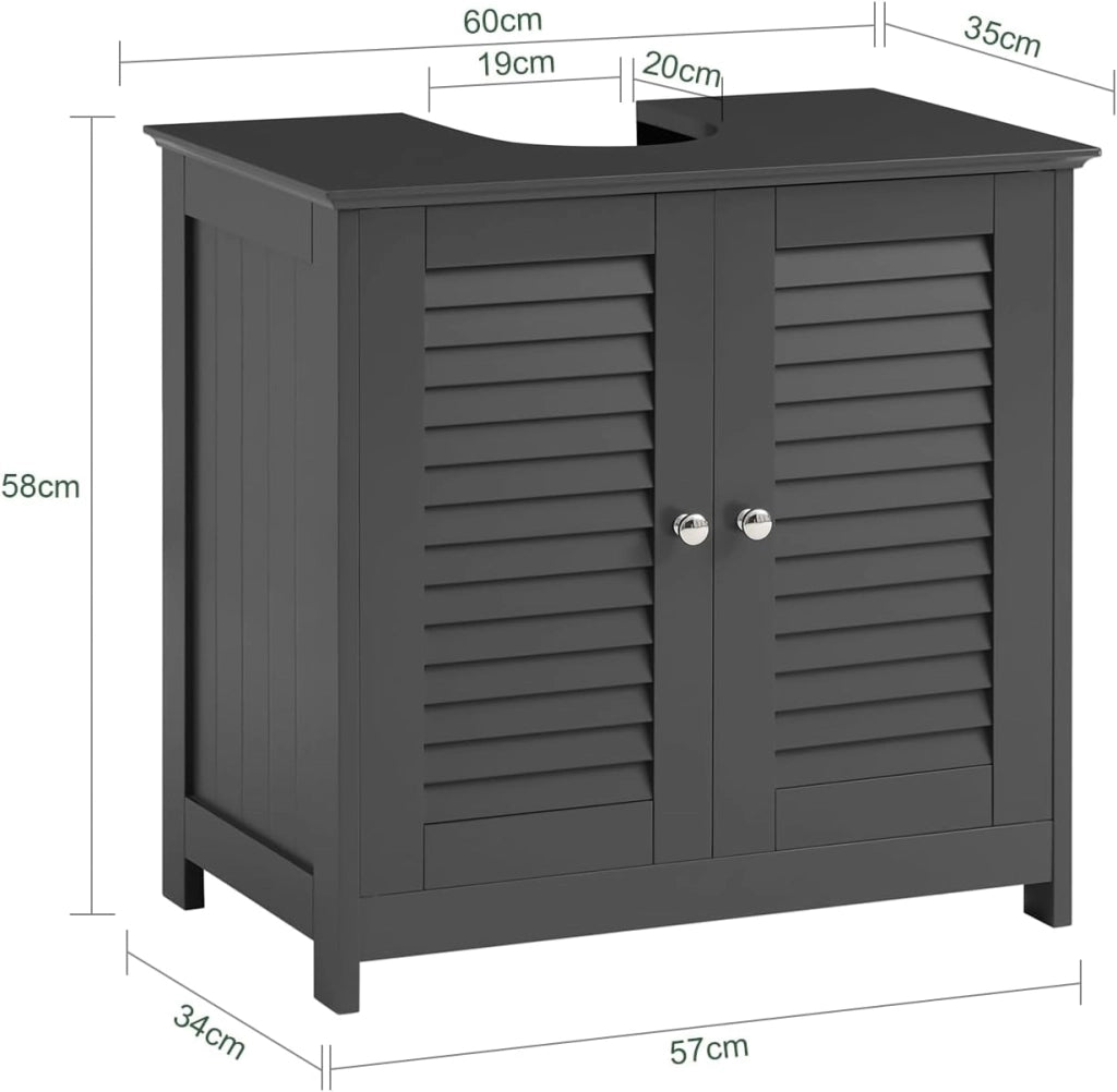 Mobile Bagno Sottolavabo - Mobiletto Bagno Salvaspazio con Mensole Regolabili, Mobile Lavabo in MDF, Antimuffa con Porta a Lamelle, per lavabo a terra, Grigio Scuro, 60x58x35cm, FRG237-II-DG