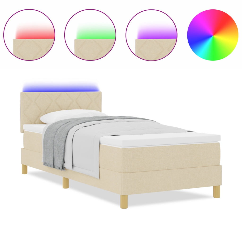 Letto Box Spring con Materasso & LED Panna 90x200 cm Tessuto