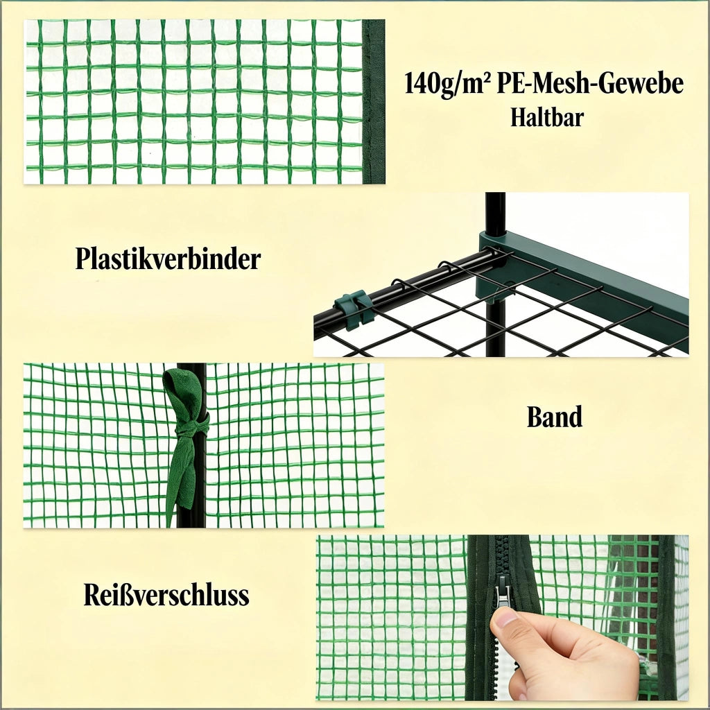 Serra a tunnel con porta avvolgibile e 3 ripiani in rete, struttura in metallo e PE verde 69 × 49 × 125 cm