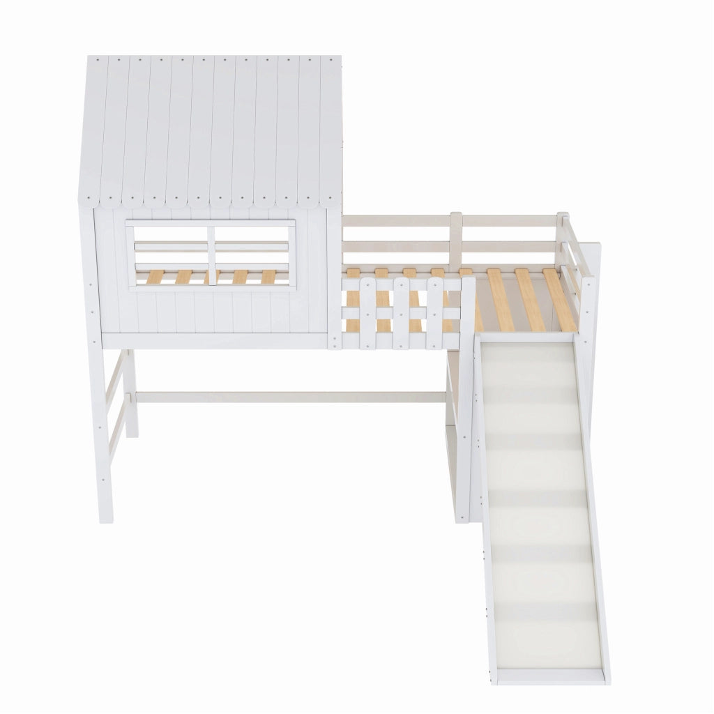 Letto a soppalco 90 × 200 cm con scivolo scala e ripiani in legno e MDF bianco con rete a doghe inclusa
