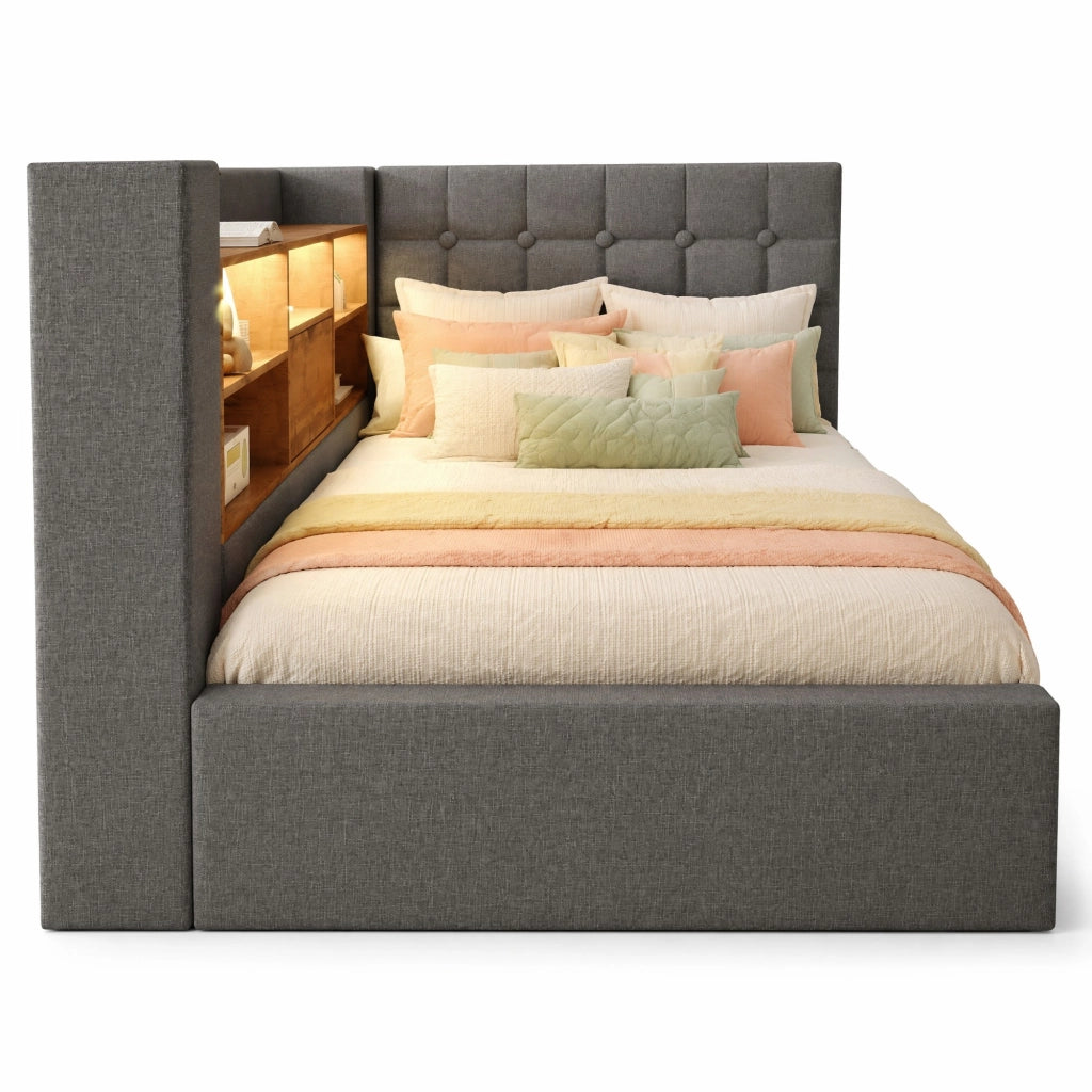 Letto singolo 90x200 cm in lino grigio con LED, USB-C/USB-A, contenitore idraulico e materasso incluso