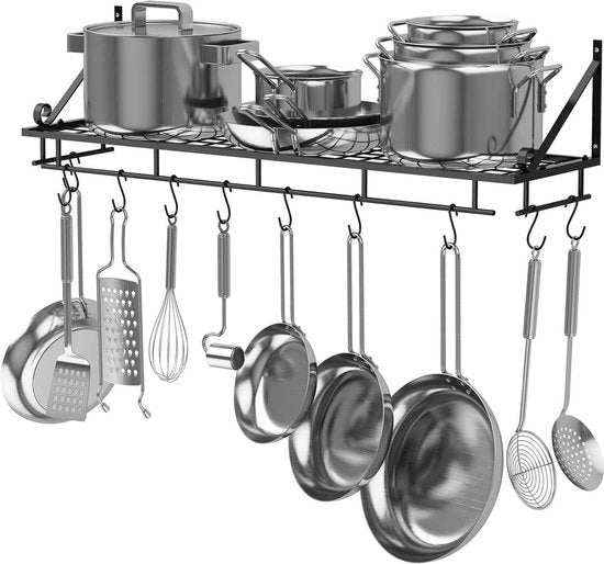 Supporto per pentola da cucina in acciaio nero da 90 cm con 10 ganci per appendere, fissaggio a muro.