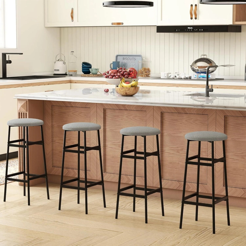 Set di 2 Sgabelli Alti Rotondi da Bar (Grigio) | Sgabelli con Seduta Imbottita, Pioggiapiedi Ergonomico, Portata 150 kg per Cucina e Sala da Pranzo, 33,5 x 33,5 x 73 cm