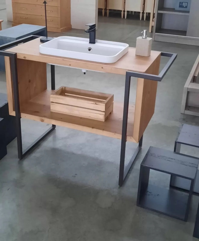 Mobile bagno industrial cortina in legno massello di abete 120x56x83 - Mobili 2G