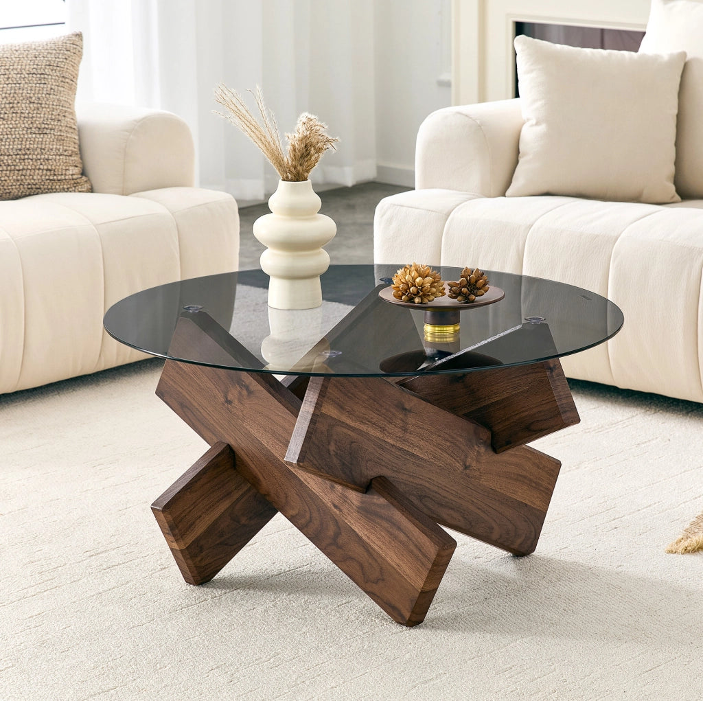 Tavolino rotondo in vetro con base stabile effetto legno