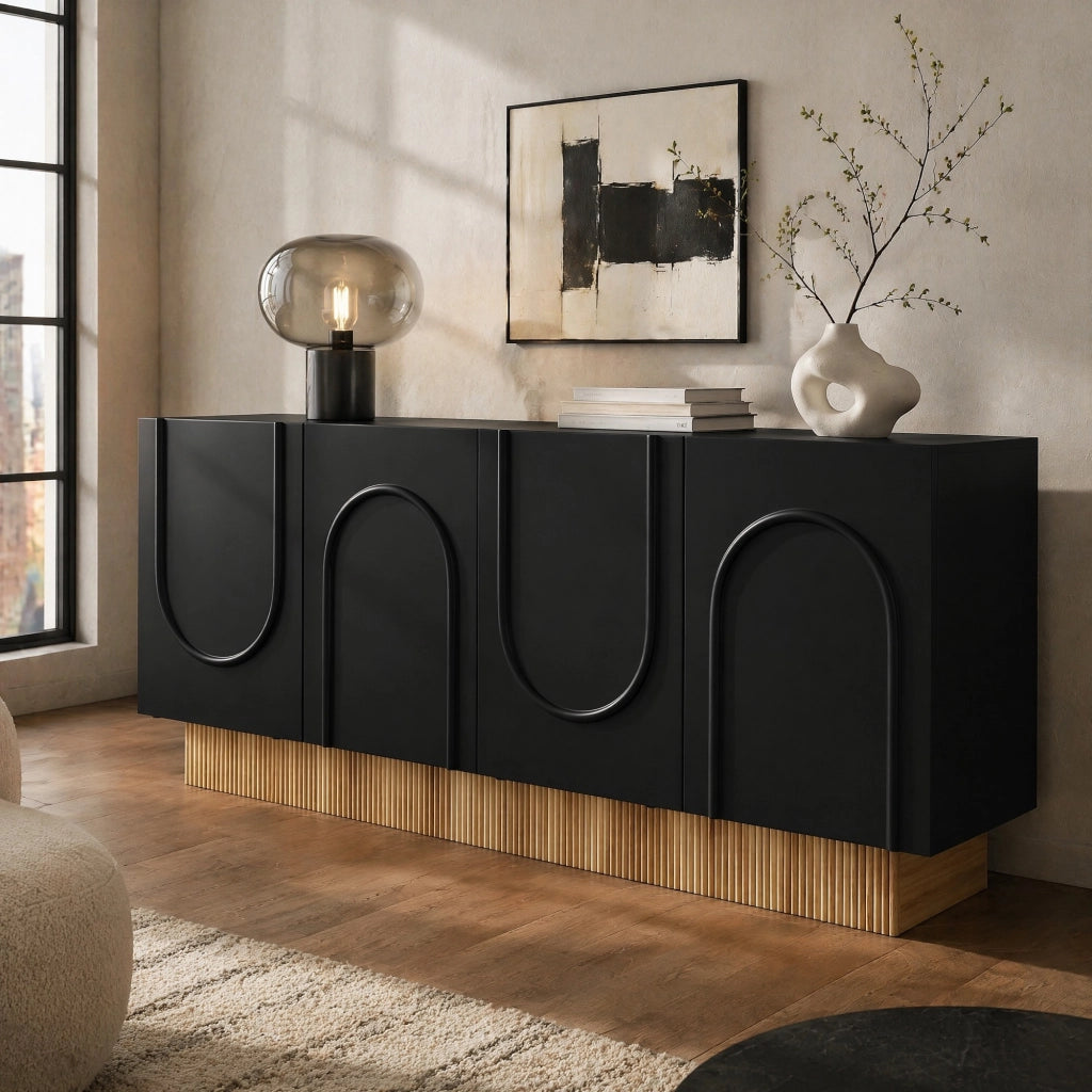 Credenza moderna 160 cm nera e effetto legno a 4 ante