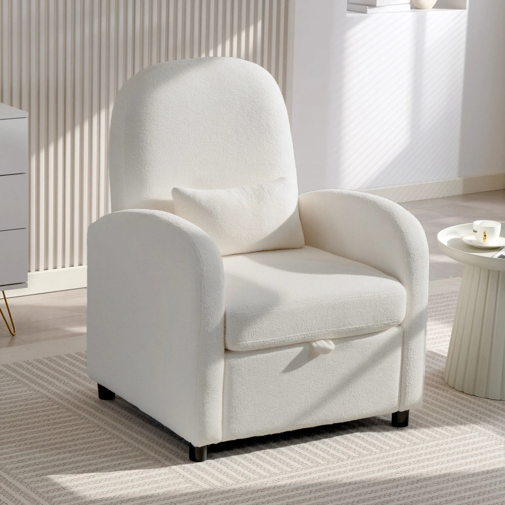 Poltrona Moderna con Spazio Contenitore a Scomparsa e Cuscino, Rivestimento in Pile Teddy, 76x77x95 cm, Crema