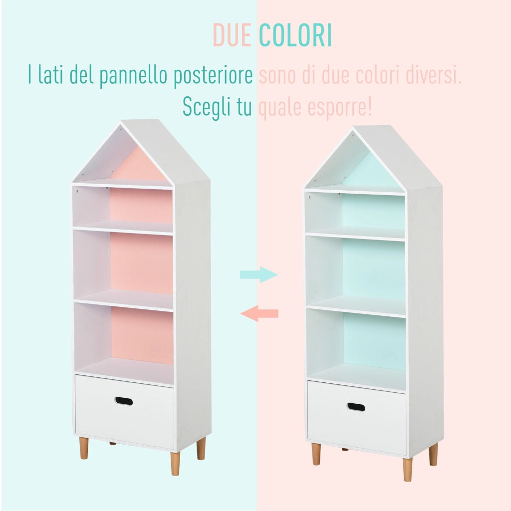 EasyComfort Libreria Scaffale Portagiochi per Cameretta Bimbi e Ragazzi, 1 Cassetto e 4 Ripiani, Bianca e Azzurra 50x30x142cm