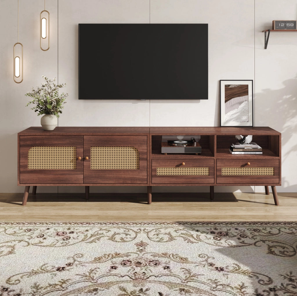Mobile TV 200x37x49.5 cm per TV fino a 80 pollici con 2 ante in rattan e 2 cassetti; pannello truciolare; marrone