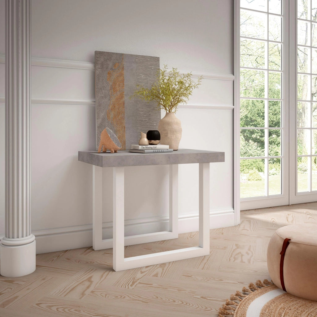 Consolle allungabile, 302x90x73cm, Per 14 persone, Gambe in legno, grigio cemento RF2964